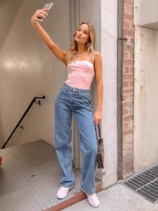 Women High Waist Straight Leg Jeans Back Bow Decor Denim Wide Leg Casual Trousers