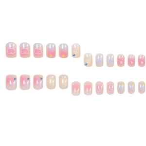 Pink and blue gradient press-on nails with cute cat and star patterns, 24-piece set