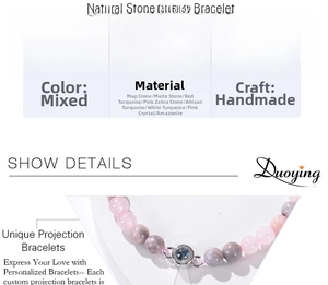 Detailed view of adjustable pink zebra stone beaded bracelet with photo projection charm