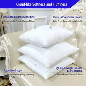 Three-piece set of white plush lumbar pillow inserts with brushed fabric and zippers
