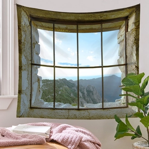 Detail of mountain landscape wall tapestry with realistic window frame print for room decor