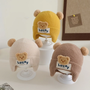 Kids Knitted Ear Protection Hat Soft Yarn Plush Bear Ears Warm Winter Toddler Beanie For Boys And Girls