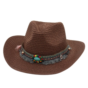 Bohemian Western Cowboy Straw Hat With Turquoise Beads Tassel Ethnic Style Summer Beach Sun Shade Fedora For Women