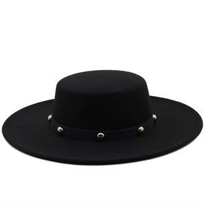 Classic black flat top wool felt boater hat with gold bead trim and a wide brim style