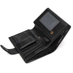 Macro view of black genuine leather trifold wallet featuring coin pocket and card slots