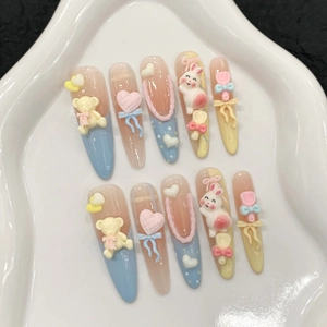 Handmade 3D Press On Nails Cartoon Bear Rabbit Relief Macaron Colorful Stiletto Long Fake Nails Sweet Style