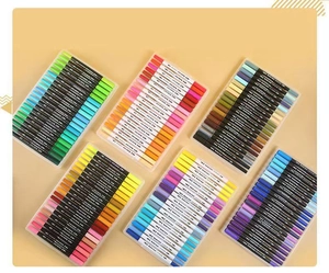 Detail view of double-headed watercolor marker sets in six vibrant color palettes