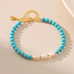 Natural Freshwater Pearl Beaded Bracelet With Faceted Turquoise Beads And 18K Gold Plated Spacers Exotic Jewelry