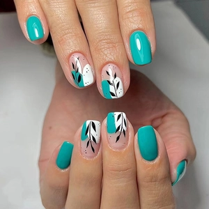 Lake Blue Leaf Pattern Press On Nails Short Square Shape Summer Fresh Glossy Artificial False Nails For Women