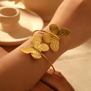 Butterfly Open Cuff Bracelet Stainless Steel Gold Plated Elegant Textured Wings Ins Style Jewelry Gift For Women