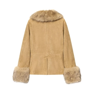 Women's faux suede jacket in khaki with plush faux fur collar and cuffs on white background