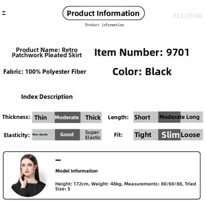 Tableau des tailles et détails du tissu pour la robe plissée noire à double boutonnage