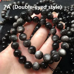 7A grade natural black obsidian double eye bracelet with shimmering silver cat eye effect