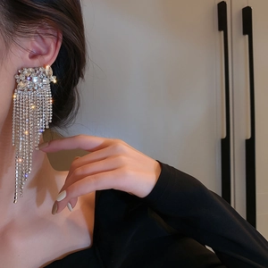 Detail of luxury rhinestone tassel earrings on model with sparkling crystal fringes