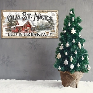 Retro Christmas wooden welcome sign with red cabin design and Old St. Nick text