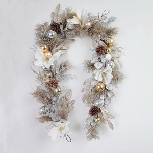 Christmas Wreath Garland Artificial White Magnolia Flower Natural Pinecone Gold Silver Ball Ornament Door Wall Decor
