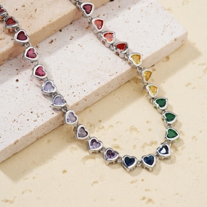 Rainbow heart zircon necklace and bracelet set with colorful gems on a silver metal base