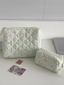 Floral green corduroy makeup bag set with quilted cotton fabric for travel storage