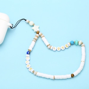 Beaded phone lanyard with white clay disks, gold LOVE letters, and blue evil eye beads