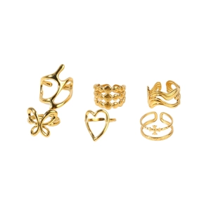 Set of six 18k gold plated stainless steel rings featuring butterfly and heart shapes