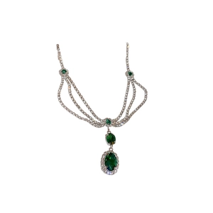 Vintage multi-layer silver necklace set with emerald zircons and sparkling diamonds