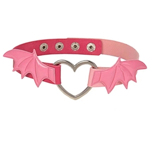 Pink bat wings choker with heart ring buckle and adjustable snap buttons for cosplay