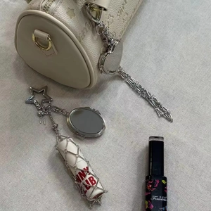 Porte-Clés Mode Y2K Avec Porte-Rouge À Lèvres Pochette En Filet Métallique Miroir Coeur Pendentif De Sac Pour Femmes Filles
