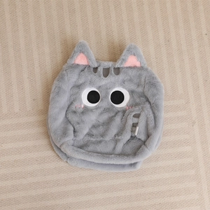 Plush square cartoon cat head cushion cover in soft light grey with pink ear accents