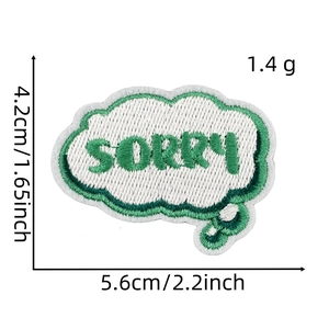 Detail view of SORRY text embroidery patch with dimensions 4.2x5.6cm and 1.4g weight