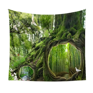 Detail of enchanted forest tapestry showing ancient mossy tree and white pigeons