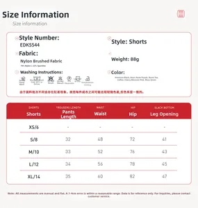 Detailed size guide for women high-waisted brushed nylon spandex yoga fitness shorts