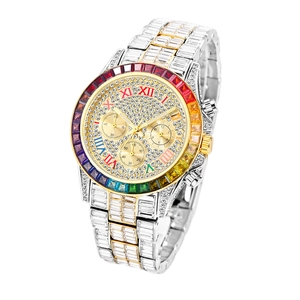 Luxury iced out gold watch with rainbow gemstone bezel and full diamond strap for men