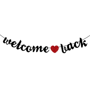Welcome Back school banner with black letters and a red glitter heart for classroom decor