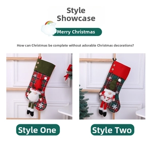 Detail of red and green plaid Christmas stockings with 3D gnomes and button accents