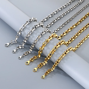 Hip hop bamboo link necklaces in gold and silver stainless steel for men and women