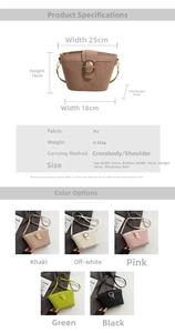 Detail specifications of women woven PU leather shoulder bag with circular magnetic buckle