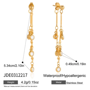 Detailed measurements of gold stainless steel chain earrings with zircon tassels