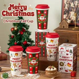 Christmas Ceramic Travel Mug With Silicone Lid Santa Claus Snowman Pattern Reusable Festive Coffee Cup Holiday Gift