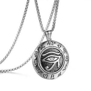Silver stainless steel Eye of Horus pendant necklace with ancient Egyptian symbols