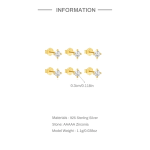 Three-pair set of minimalist 925 sterling silver gold-plated stud earrings with 5A zirconia