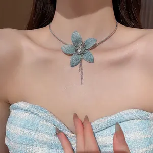 Sweet Blue Fabric Flower Tassel Pendant Necklace Handmade Copper Glass Bead Snake Chain For Women Fashion Jewelry