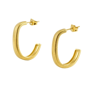 Detailed close-up of C-shaped earrings with textured horizontal ribbed patterns in gold