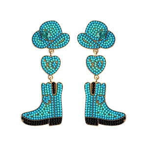 Detail of turquoise beaded boot earrings with gold-plated Western cowboy hat and heart studs