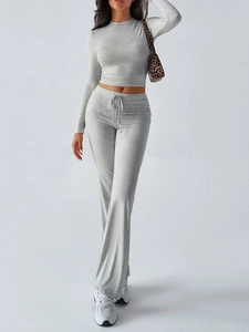 Detailed view of women's gray Y2K slim long sleeve top and drawstring flare pants set