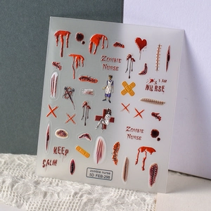 Stickers ongles 5D Halloween avec motifs infirmière zombie et gouttes de sang en relief