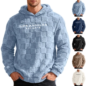 Detail view of men's blue fleece hoodie with checkered texture and Los Angeles embroidery