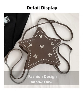Detail of star-shaped brown PU leather crossbody bag with silver butterfly and rivets