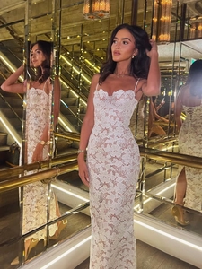 Abito Lungo In Pizzo Bianco Da Donna Intagliato Floreale Con Spalline Sottili Aderente Elegante Sera Festa Formale
