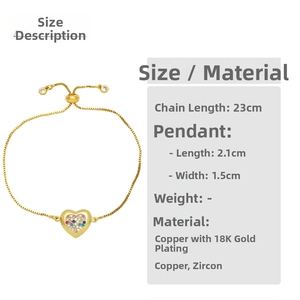 Detail of 18K gold-plated adjustable heart bracelet with multi-color zircon stones