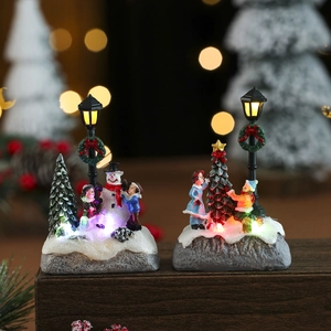 Glowing Christmas Resin Miniature Figurine Snowman Christmas Tree Street Light Micro Landscape Home Decor Ornament